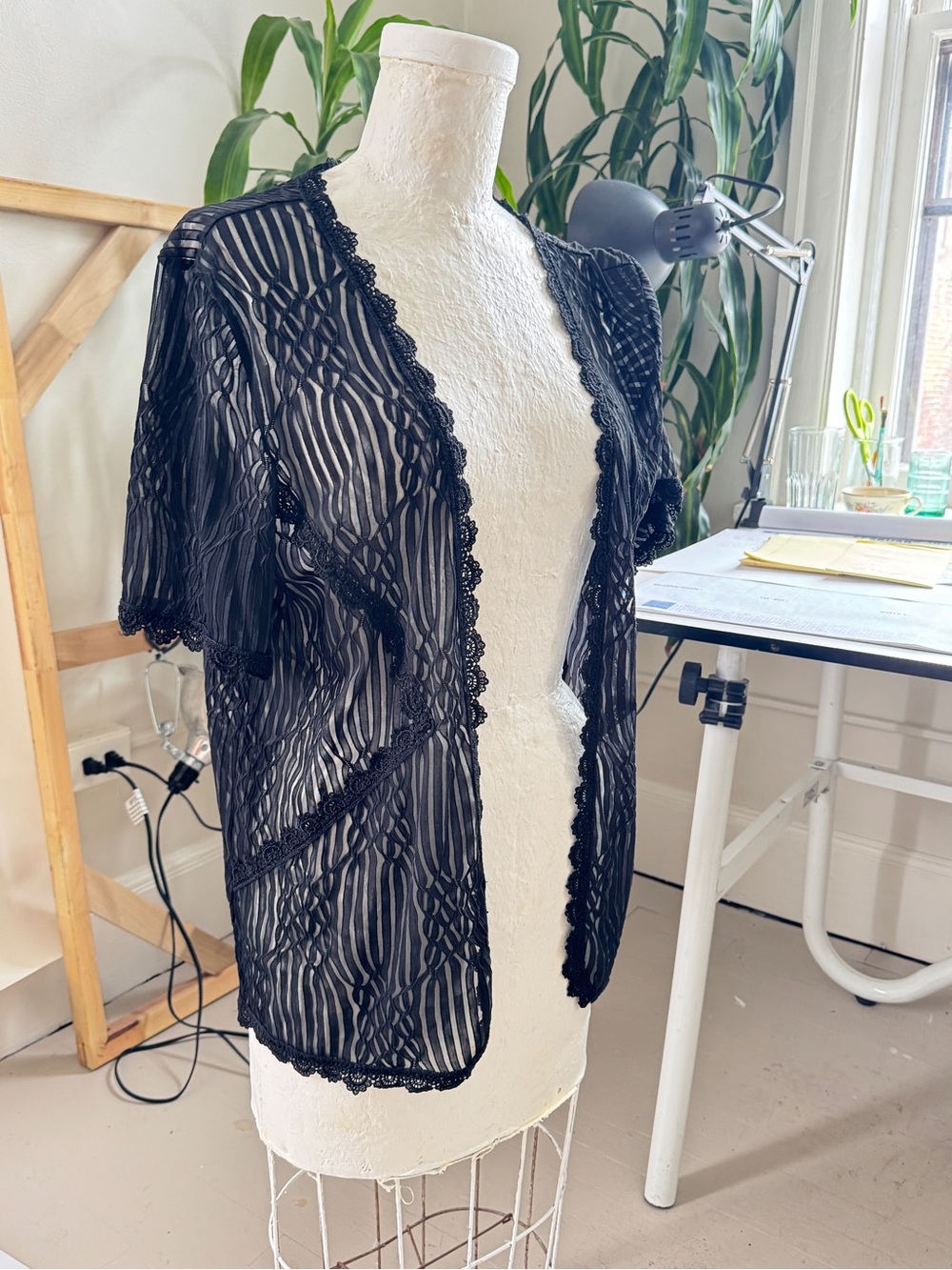 Vintage Black Semi Sheer Braided Mesh Jacket / Blouse / Shirt